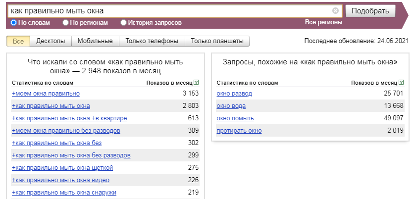 «Яндекс.Вордстат» позволяет смотреть статистику по запросам (ключевым словам) в поиске «Яндекса»