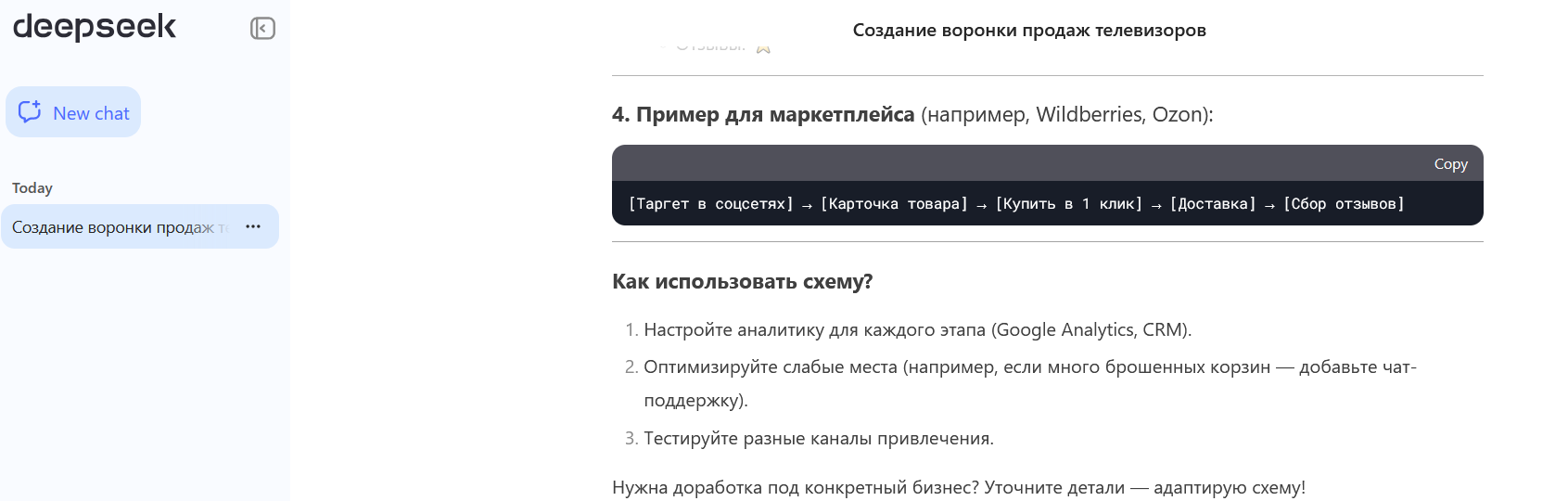 Воронка продаж авторства нейросети. Источник: deepseek.com