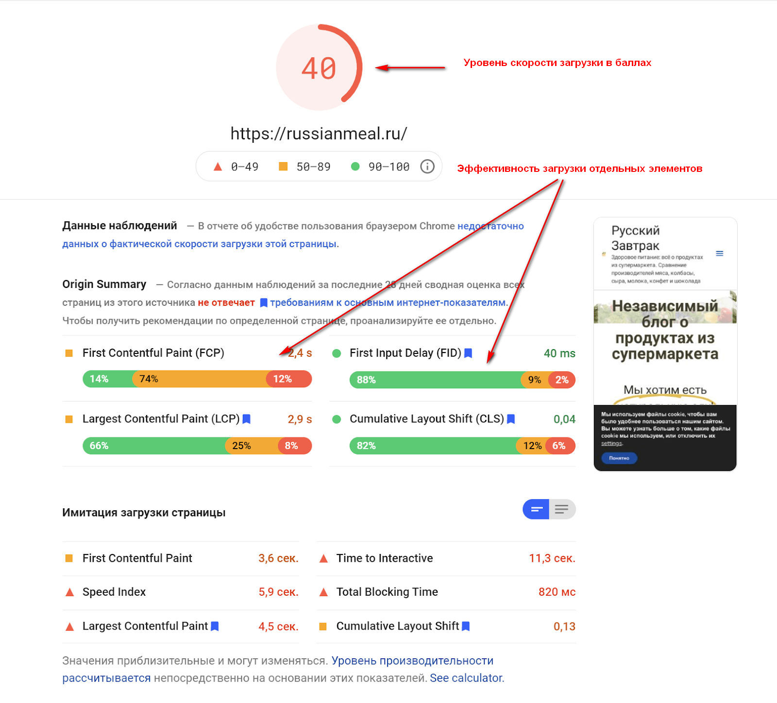 Пример отчёта PageSpeed Insights здесь можно увидеть общую оценку и проблемные элементы при загрузке. Скриншот автора