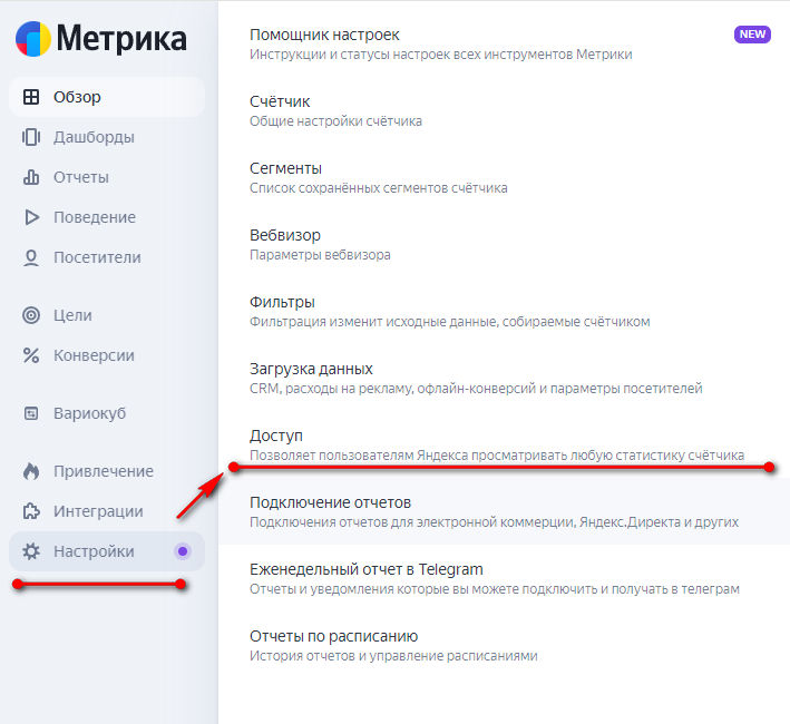 Настройки доступа в «Яндекс Метрике»