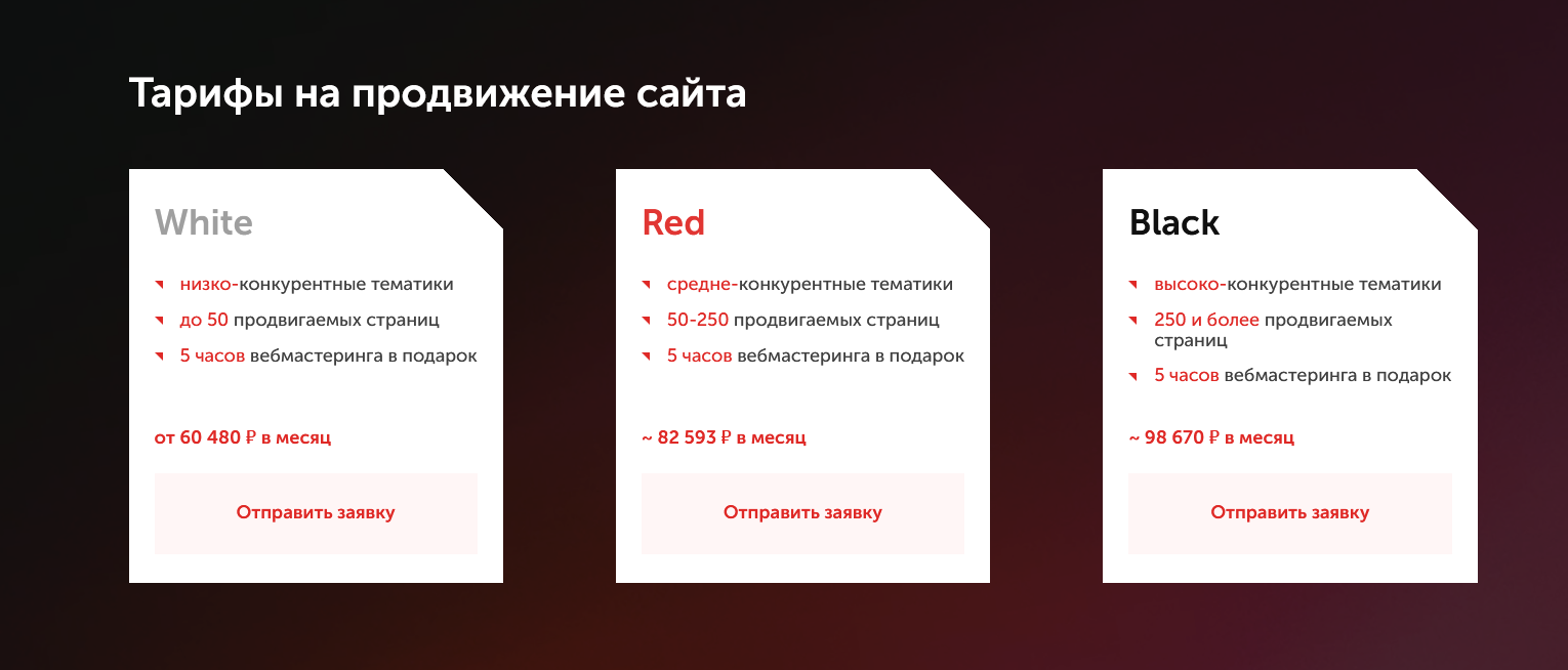 Три тарифа на продвижение по позициям