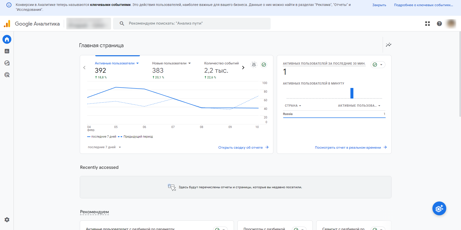 Главная страница GA4. Скриншот с https://analytics.google.com/analytics
