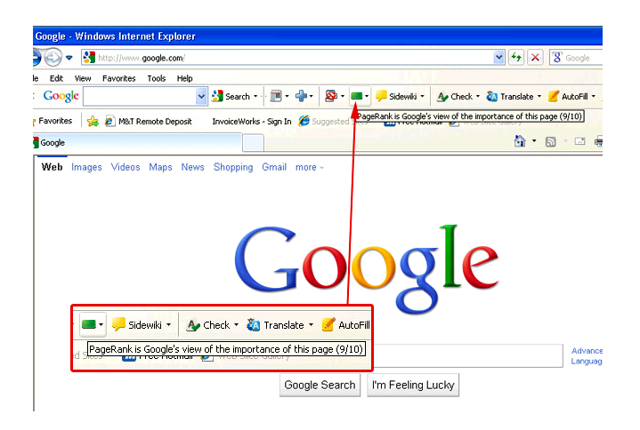 Раньше PR отображался в панели инструментов Google Toolbar