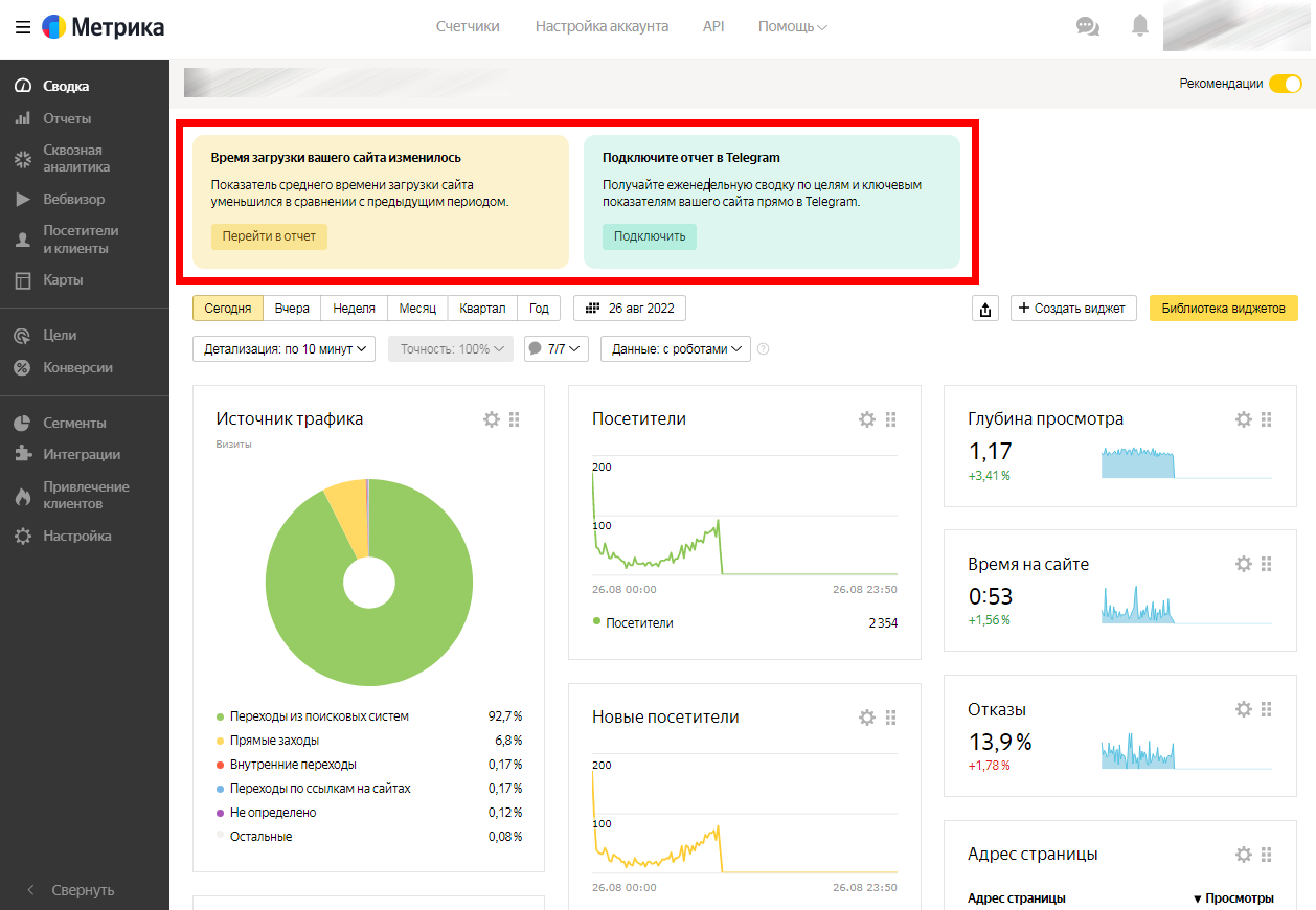 Сервис предлагает проверить отказы на одном из сайтов и подключить отчет в Telegram