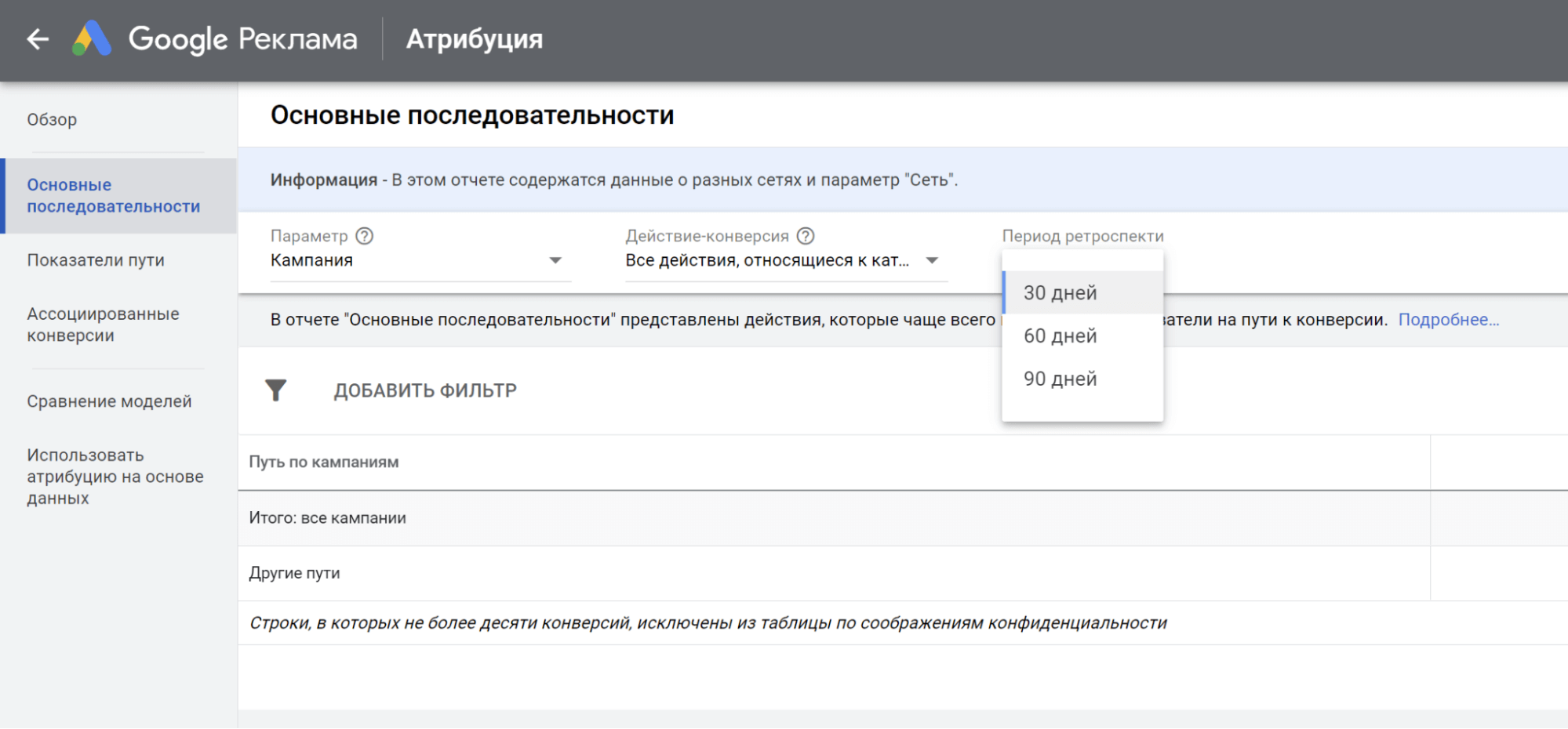 Доступны периоды ретроспективы 30, 60, 90 дней