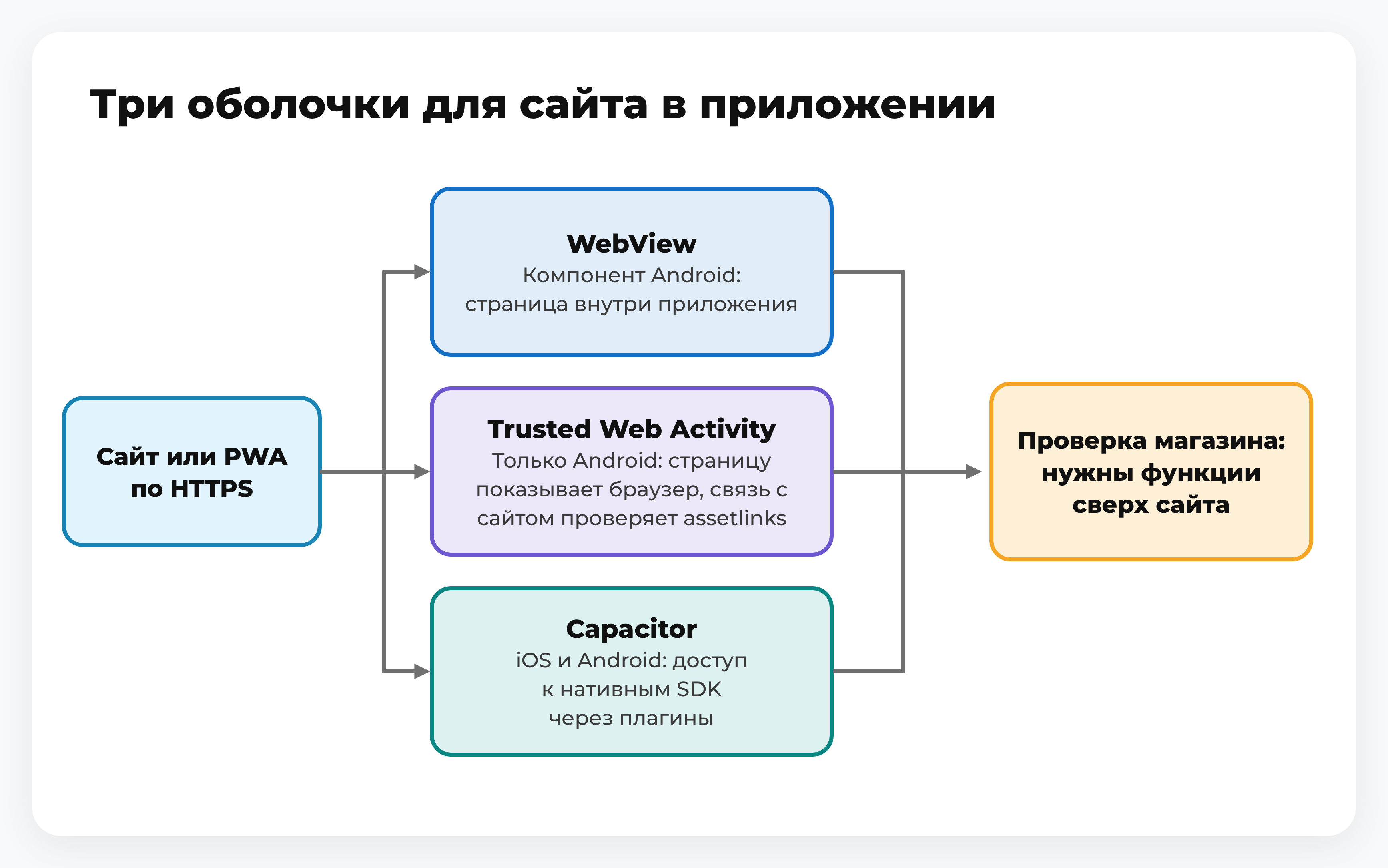 Схема: сайт или PWA ведёт к трём вариантам оболочки (WebView, Trusted Web Activity, Capacitor), все они идут на проверку магазина