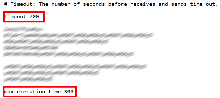 Параметр для значения Timeout устанавливаем на 700 секунд, а max_execution_time изменяем на 300 секунд
