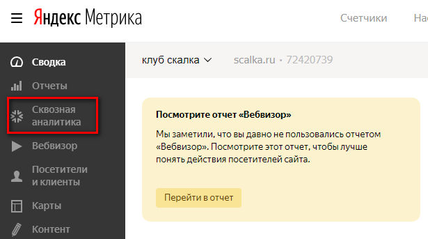 Меню «Яндекс.Метрики» с разделом «Сквозная аналитика»